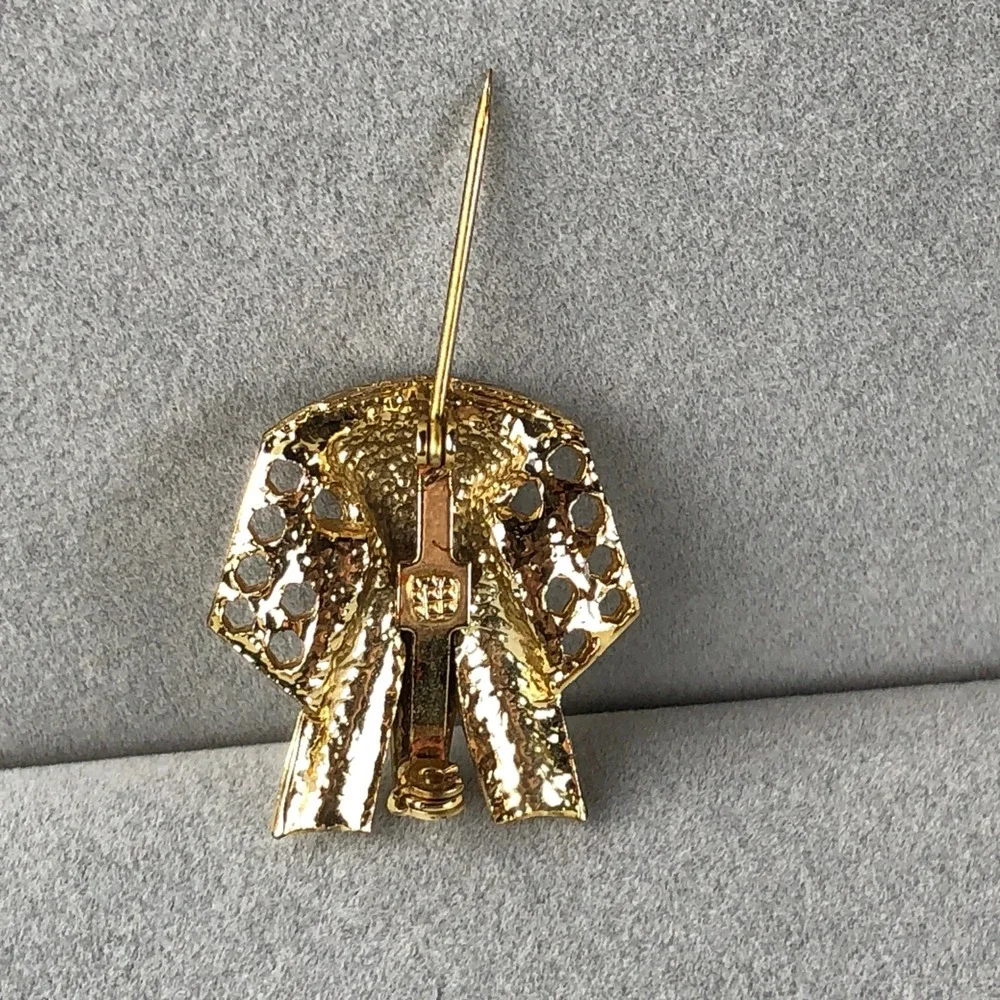 Vintage Elephant Brooch Mid Century Modern Gold Tone Rhinestone Red Eyes Mod Pin